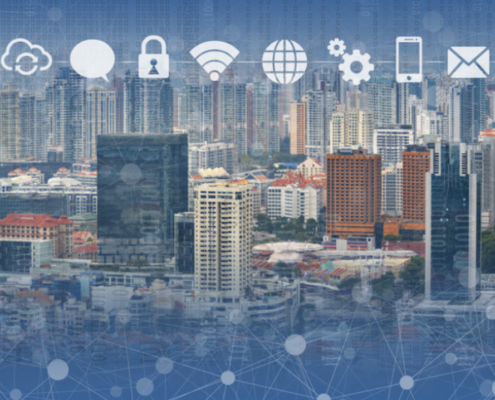 City skyline with digital cloud icons overlaying buildings, representing the integration of cloud infrastructure services in urban environments for seamless connectivity, data security, and digital transformation